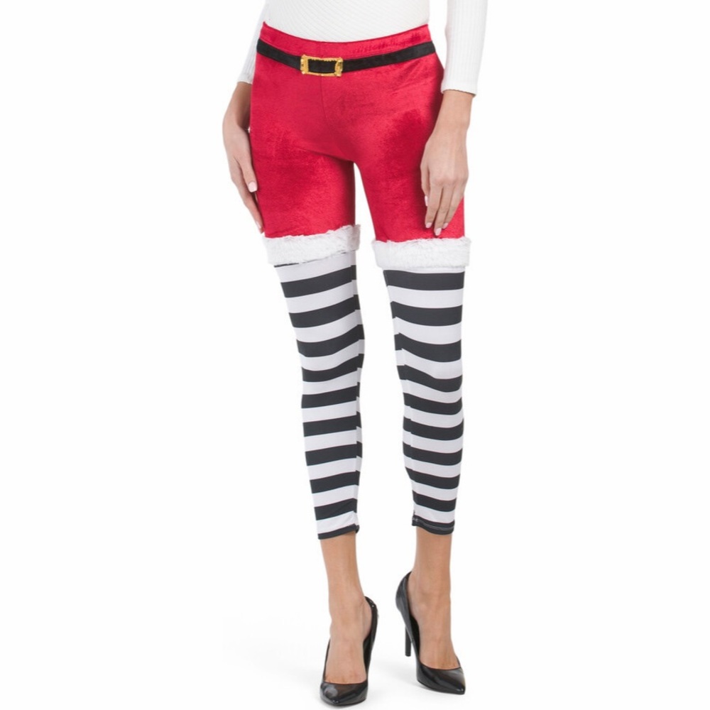 Santa Plus Size Velvet Fuzzy Striped Sequin Leggings Christmas Pullon Pants
